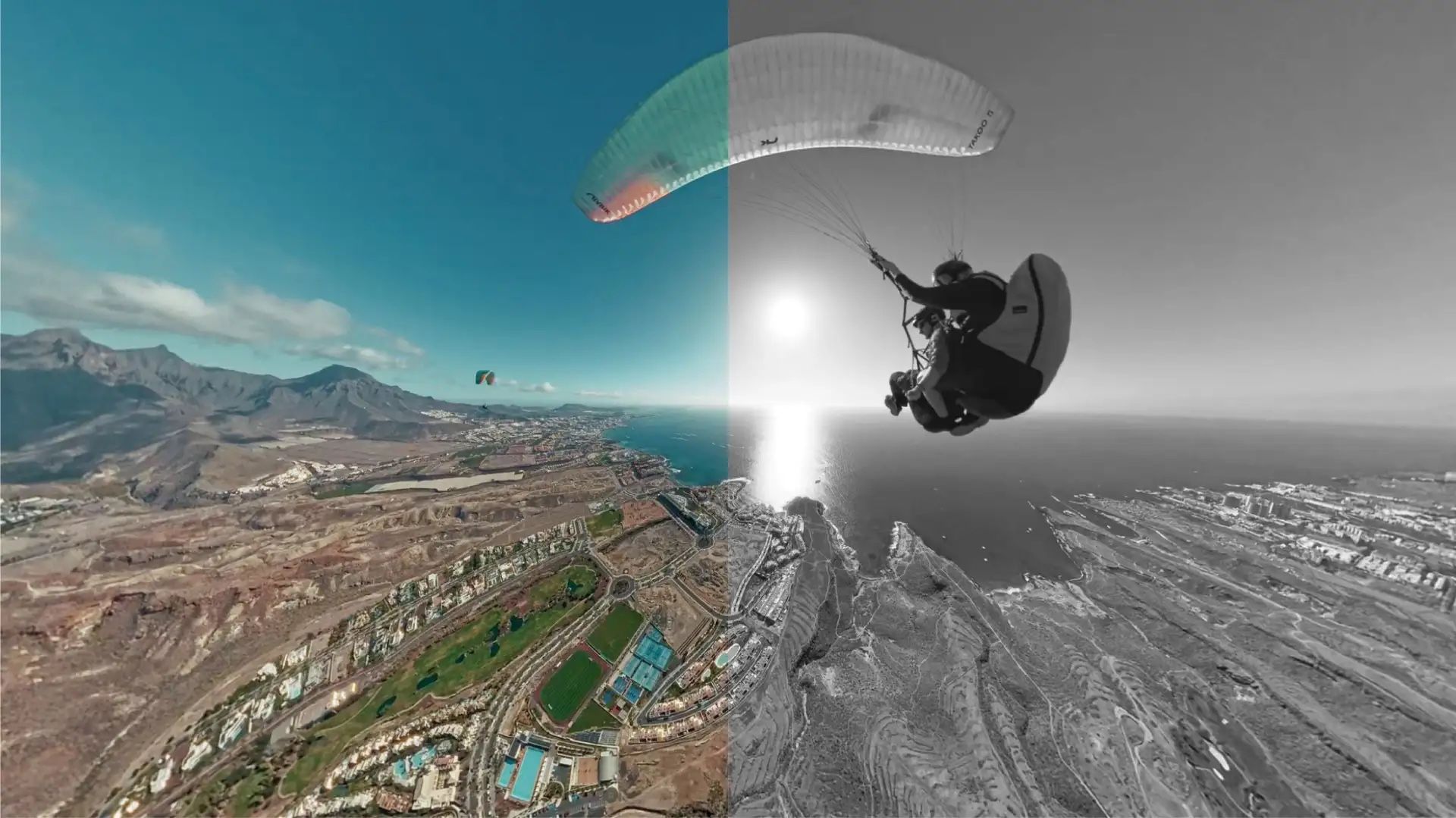Costa Adeje | En cuerpo y mente — Costa Adeje — Split image showing an aerial view of Costa Adeje coastline in colour and a paragliding pilot soaring over the ocean in black and white.