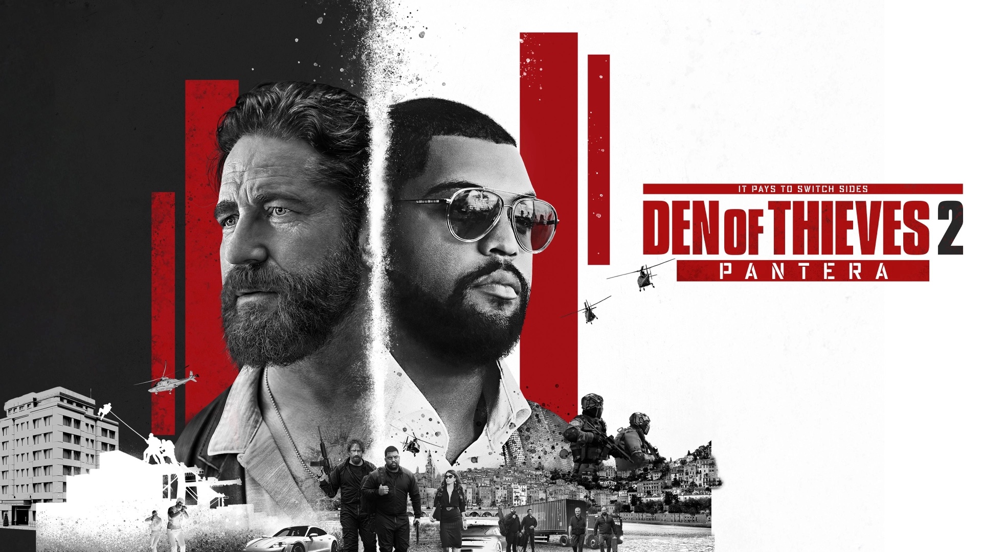 Den of Thieves 2: Pantera — Lionsgate — Black and white split portrait of Gerard Butler and O'Shea Jackson Jr. with the red Den of Thieves 2 Pantera logo, helicopters and urban silhouettes.