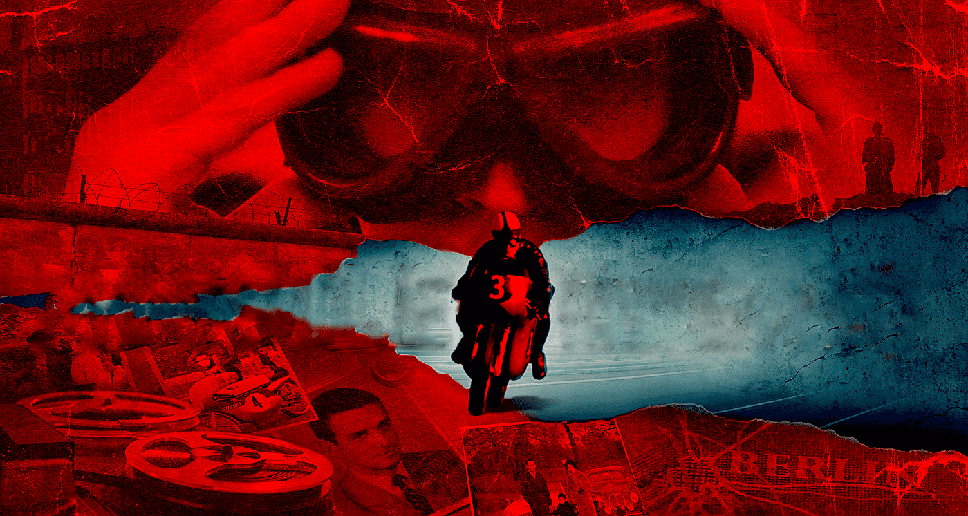 Missile from the East — A man wearing a helmet and goggles is standing on a motorcycle.